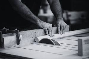 Black and white photo of cross cutting Daggerfish turning blanks